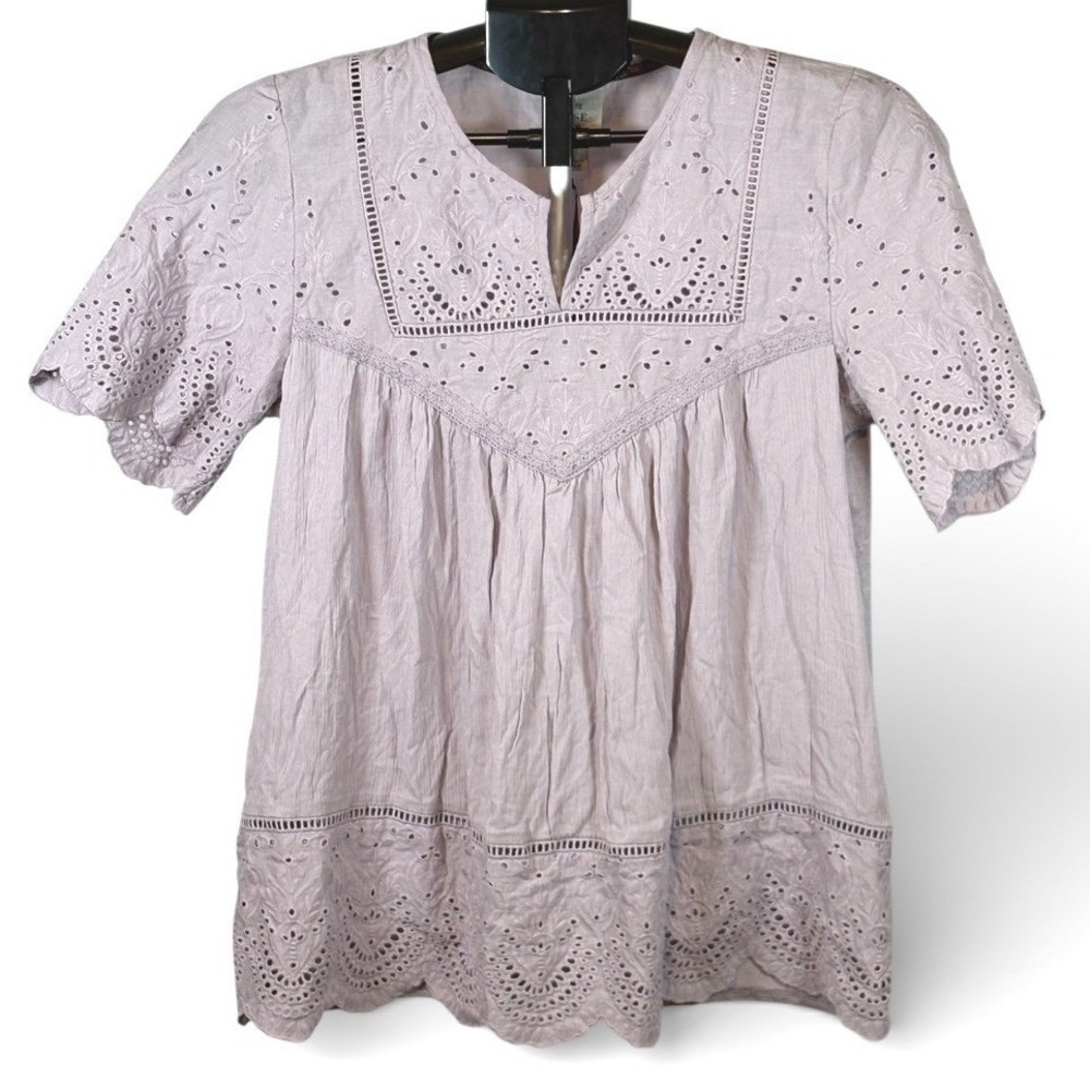 Knox Rose Sweet Lilac Eyelet Lace Trim Boho Blouse Top Small NWT